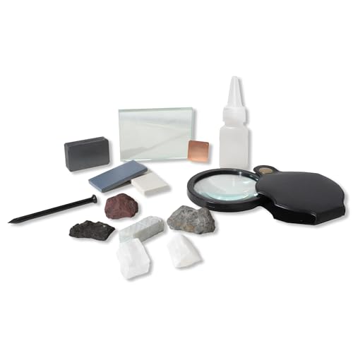 Mineral ID Kit - 13 Pieces - Includes Dropper Bottle, Streak Plate, Glass Plate, Magnet, Nail, Copper Sheet, Rock, Retractable Hand Lens, for Mineral Geology Classrooms