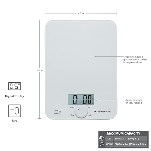 KitchenAid KQ914WH Glass Surface 11 Pound Capacity Digital Kitchen and Food Scale, Scale for Food Ounces and Grams, Dry and Liquid Ingredients, White - color: White
