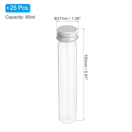 PATIKIL 65ml Plastic Test Tubes with Screw Caps, 25Pcs 150x27mm Flat Bottom Tubes for Scientific Party Decoration Candy Bead Storage Bath Salt, Silver Tone - color: Silver Tone, size: 65ml