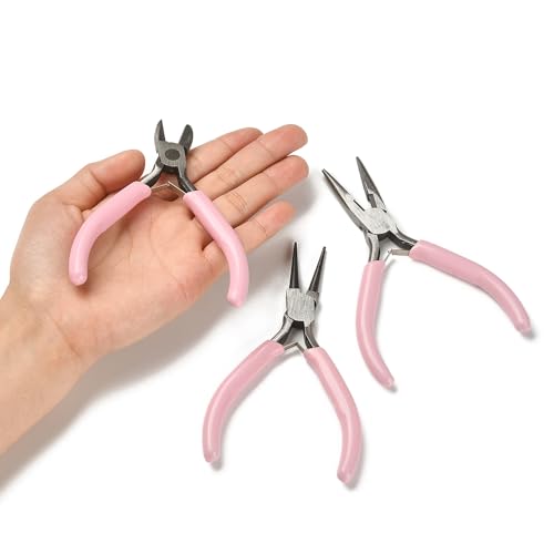 Jewelry Pliers Set (3-Piece) - Needle Nose Pliers, Round Nose Pliers & Wire Cutters for Jewelry Making, Repair, Wire Wrapping, Crafting - Professional DIY Tools (Pink) - color: Pink