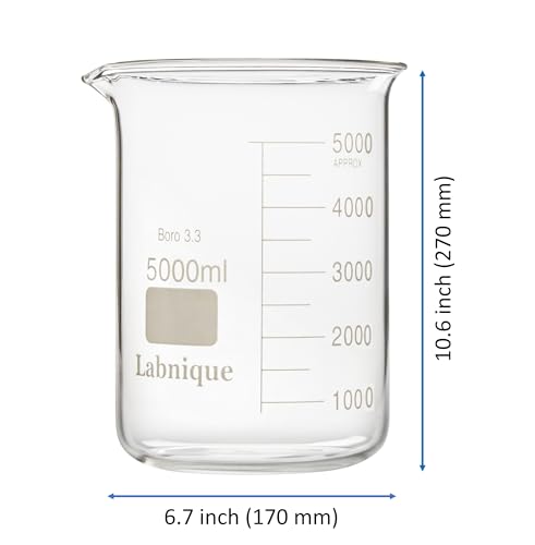 Labnique Large Borosilicate 3.3 Glass Griffin Beaker, Low Form with Printed Graduation (5000ml) - size: 5000ml