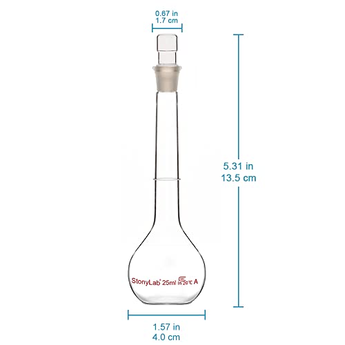stonylab Glass Volumetric Flask Class A with Glass Stopper, Borosilicate Glass Heavy Wall Volumetric Flask Tolerance ±0.03 ml, 25 ml - size: 25 ml