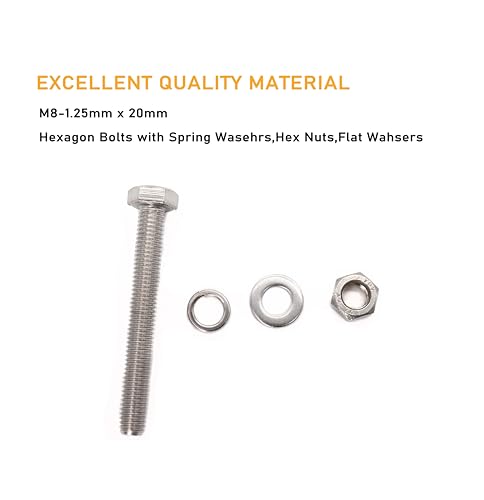 10-Pack M8 x 20mm Hexagon Screws Hex Bolts with M8 Hex Nuts M8 Flat Washers/Spring Lock Washers Set, 304/18-9, Plain Finish - size: M8 x 20mm 40pcs
