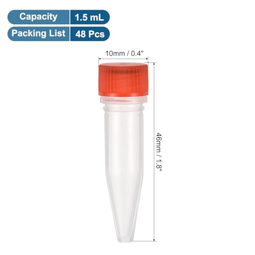 PATIKIL 1.5mL Plastic Cryogenic Vial, 48Pcs Cryogenic Storage Tube Lab Frozen Test Tube Container Storage Screw Cap for Lab Laboratory Science, Red Clear - color: Red