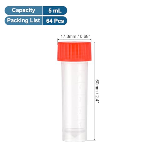 PATIKIL 5mL Plastic Cryogenic Vial, 64Pcs Cryogenic Storage Tube Lab Frozen Test Tube Container Storage Screw Cap for Lab Laboratory Science, Red Clear - color: Red, size: 5ml