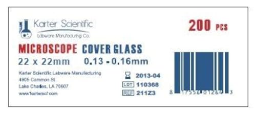 Standard Microscope Cover Slips, #1 Thick, 22x22mm, Karter Scientific 211Z3 (Pack of 200) - style: Pack of 200