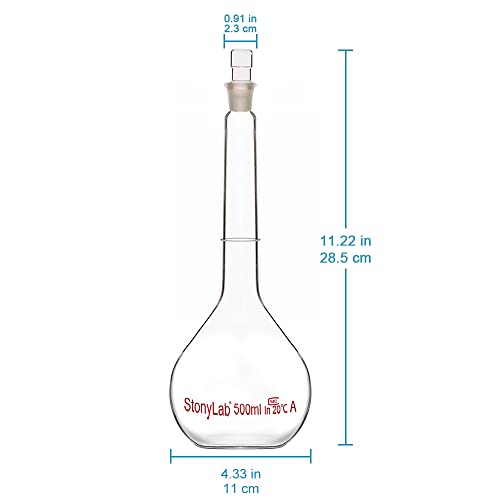 stonylab Glass Volumetric Flask Class A with Glass Stopper, Borosilicate Glass Heavy Wall Volumetric Flask Tolerance ±0.25 ml, 500 ml - size: 500 ml
