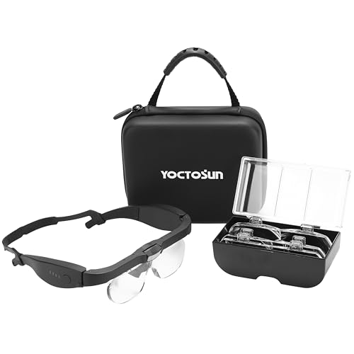 YOCTOSUN Magnifying Headset with 3 LED Lights, Storage Case, Head Strap and 4 Detachable Lense 1.5X, 2.5X, 3.5X, 5X, Magnifying Glasses for Close Work, Jewelry, Hobby, Crafts