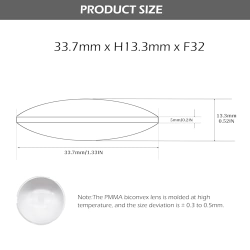 Double Convex Lens - 34mm Diameter, 32mm Focal Length, Optical biconvex Lens for Physics Experiments, Photography, Magnifying, and DIY Projects - Pack of 2pcs (33.7mm x H13.3mm x F32) - size: 33.7mm x H13.3mm x F32