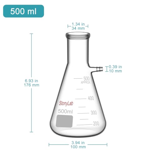 StonyLab Glass 500ml Heavy Wall Borosilicate Glass Filtering Flask, Bolt Neck with Tubulation, 500ml - size: 500 ml