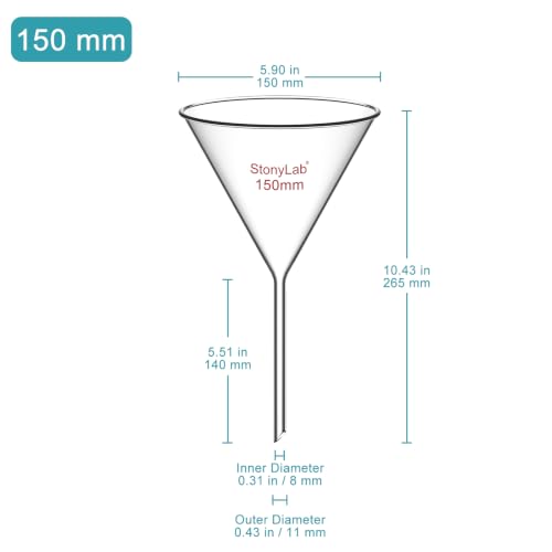 stonylab 1-Pack Glass Funnel, Heavy Wall Borosilicate Glass Funnel, 150mm Diameter and 140mm Stem Length - size: 150mm Diameter and 140mm Stem