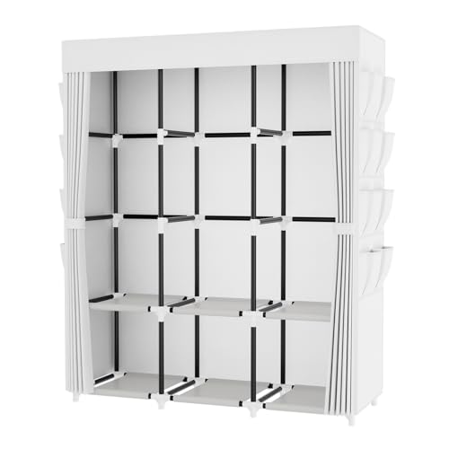 Portable Closet with Cover, 3 Hanging Rods and Side Pocket, Sturdy Free Standing Closet, White - color: White, size: 3 Row - 49.2'' Wide