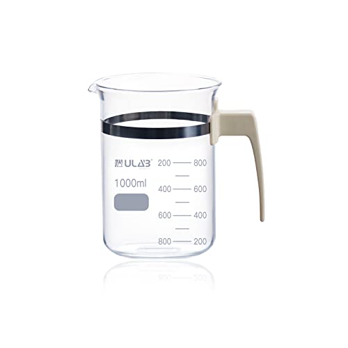 ULAB Glass Beaker with Handle, Vol. 1000ml, 3.3 Borosilicate Griffin Low Form with Printed Graduation, Double Scale, UBG1051 - style: Vol.1000ml with handle