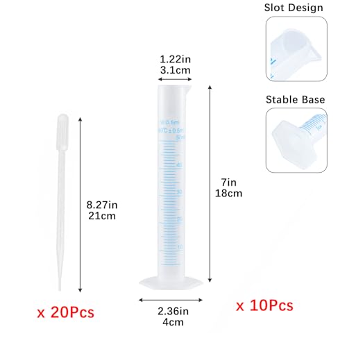 Geesatis 50ML Plastic Graduated Cylinder(10) and 5 ML(20) Plastic Droppers - size: 50ml, style: 10Pcs(and 20Pcs 5ml Plastic Droppers)