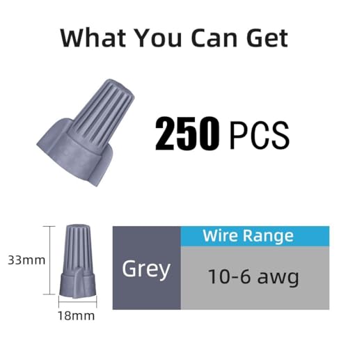 Winged Wire Conectors Nuts,Wire Twist 250 Pcs Grey Electrical Screw Springs Caps Terminals Stainless Assortment Set Screw Terminal P15,14-10AWG - color: Winged Grey