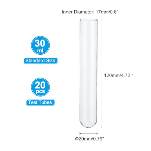 PATIKIL 30ml Test Tubes, 20pcs 4.72x0.79in Glass Clear Round Bottom Test Tube Containers for Bead Party Candy Bath Salt Storage Scientific Experiment Plant Propagation - size: 30ml