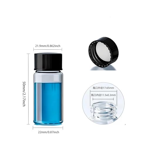 10ML Clear Glass Sample Vial, Liquid Sampling Sample Glass Bottle, Borosilicate Storage Glass Vial,22 * 52mm, Black 18-400 Polypropylene Screw Cap with PE Liners, Pack of 100 - size: 10ML