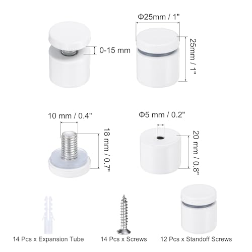 uxcell 12 Pcs 1" x 1" Standoff Screws Stainless Steel Wall Mount Sign Mounting Hardware Kit with 14pcs Screws for Hanging Acrylic Glass Signs Advertising Boards, White - color: White, size: 1" x 1"