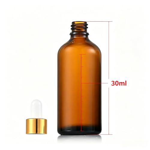 10-Pack Amber Glass Essential Oil Bottles, 30ml Empty Dropper Vials, Gold Ring Caps with White Rubber Bulb Droppers, Refillable Brown Glass Containers for Aromatherapy, Blends and Liquid Storage