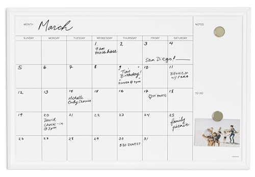 U Brands Magnetic Dry Erase Calendar White Board, 30" x 20", White Wood Style Frame, Includes Magnets - size: 30"W x 20"H