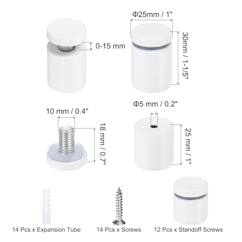 uxcell 12 Pcs 1" x 1-1/5" Standoff Screws Stainless Steel Wall Mount Sign Mounting Hardware Kit with 14pcs Screws for Hanging Acrylic Glass Signs Advertising Boards, White - color: White, size: 1" x 1-1/5"