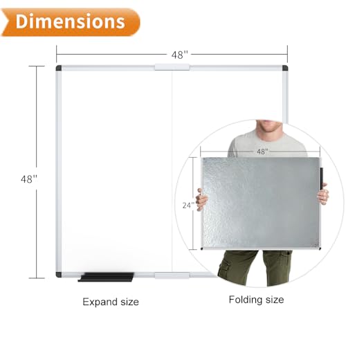 VIZ-PRO Large Magnetic Dry Erase Whiteboard, 48 x 48 Inches, Foldable - size: 48"W x 48"H