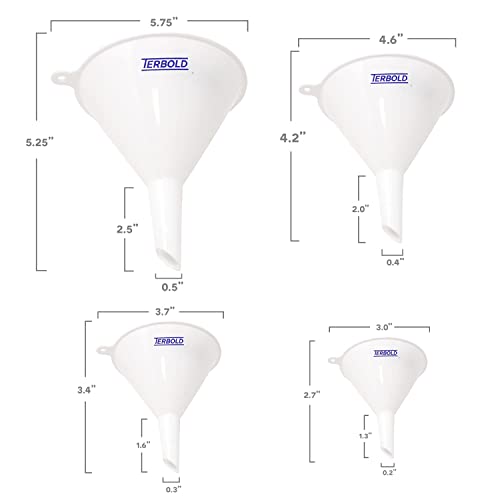 4pc Funnel Nesting Set in BPA Free Plastic for Kitchen Cooking, Car Oil, Home, or Lab Use (White)