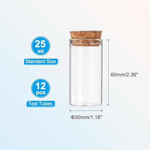 PATIKIL 25ml Test Tubes, 12pcs 2.36x1.18 Glass Clear Flat Bottom Test Tube Containers with Cork Stopper for Bead Party Candy Bath Salt Storage Scientific Experiment Plant Propagation - size: 25ml