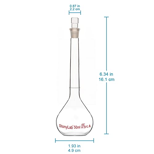 stonylab Glass Volumetric Flask Class A with Glass Stopper, Borosilicate Glass Heavy Wall Volumetric Flask Tolerance ±0.05 ml, 50 ml - size: 50 ml