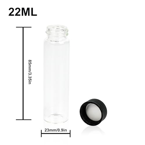 ALWSCI 0.74OZ Glass Vials, Small Liquid Sample Vial, 22 ml Borosilicate Glass Empty Vials with Caps, 20-400 Black Screw Caps with PE Liner, Pack of 100 - size: 22ML23x85mm Glass vials with screw caps
