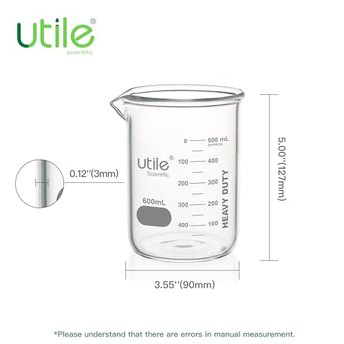Utile 600ml Beaker Set, 10pcs of 20.3oz Upgraded Thickening Grass Beakers, Low Form Chemical Lab Beakers, Borosilicate 3.3 Glass with Printed Graduation, 4000.0600.10 - style: 10pcs of Vol.600ml