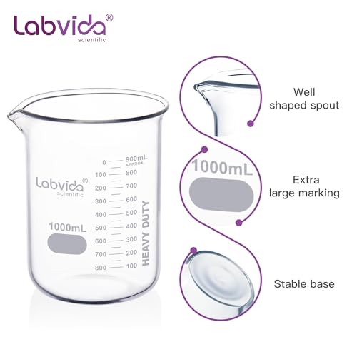 2pcs 1000ml Upgrated Thick Glass Beakers, Griffin Low Form Beaker Set with Double Scale, 3.3 Boro, LVA014 - style: 2pcs of Vol.1000ml