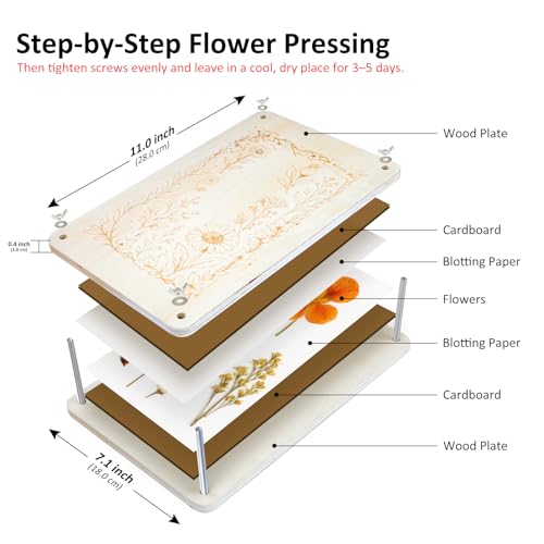 MeRGBWLife Large Flower Press Kit for Adults – 10.8"x6.9" Wooden 6-Layer Flower Press for Pressed Flowers, Herbs & Leaves, DIY Flower Preservation for Bookmarks, Weddings, and Craft Projects - size: 10.8"x6.9"