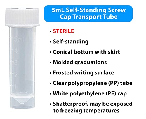Globe Scientific 6101S Polypropylene Molded Graduations Conical Bottom Self Standing Transport Tubes with Attached White Polyethylene Screw Cap, Sterile, 5ml Capacity, Pack of 500