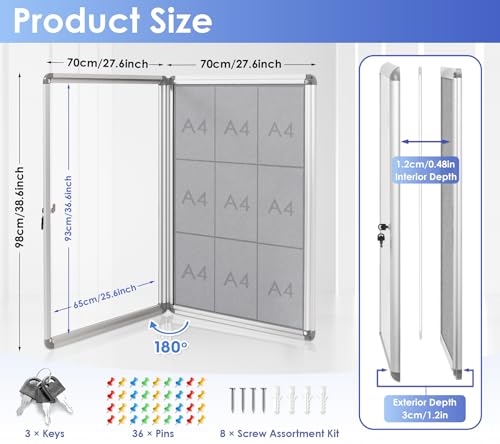 SWANCROWN 38x28 in Enclosed Bulletin Board, Locking Display Felt Board Grey - color: Gray Felt, size: 38" x 28"