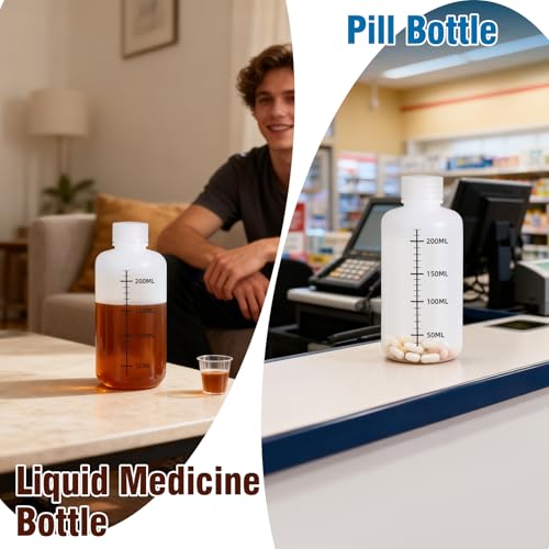 DEMORA 8oz Plastic Bottles with Airtight Caps for Liquids, Graduated Food Grade Plastic Containers, HDPE Thick Liquid Containers for Water Sample Medicine Laboratory Reagent (Translucent, 2 Pcs) - size: 8 ounces