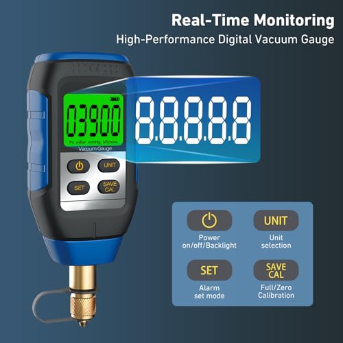 WISSCOOL Digital Vacuum Gauge, HVAC Vacuum Micron Gauge Tester, 1/4" Flare, 0-30000 Microns Range, ±5% Accuracy, 7/16-20UNF Interface with 1/4" SAE Connector and T-Connector, 4 Vacuum Units Switch - color: Blue