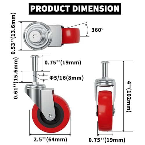 Mysit 2.5 inch Creeper Wheels M8 Threaded Swivel Caster Wheel 6 Pack - style: M8x20