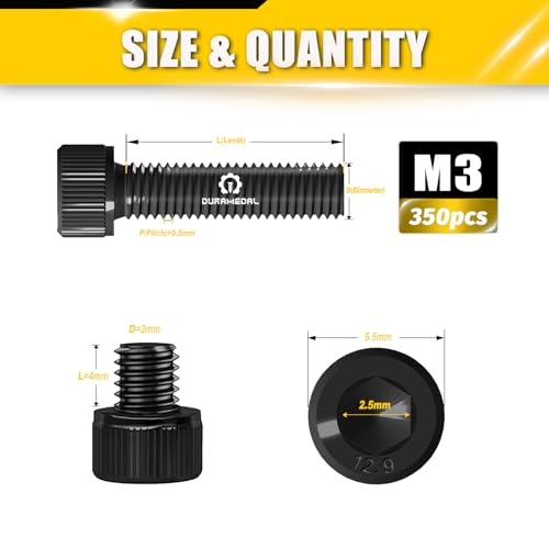 M3x4mm Screws 350pcs Hex Socket Cap 12.9 Steel Black Zinc Fully Thread - size: M3*4mm 350pcs