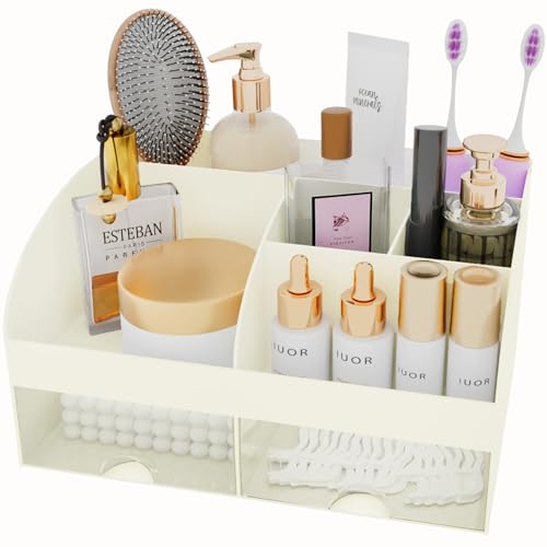 Makeup Organizer with Drawers, Cosmetic Storage for Dresser Vanity and Bathroom Countertop, Beauty Holder for Lipstick Brush, Skincare Organizer for Vanity, Cosmetic Display Case (Ivory) - color: Ivory-1Pack