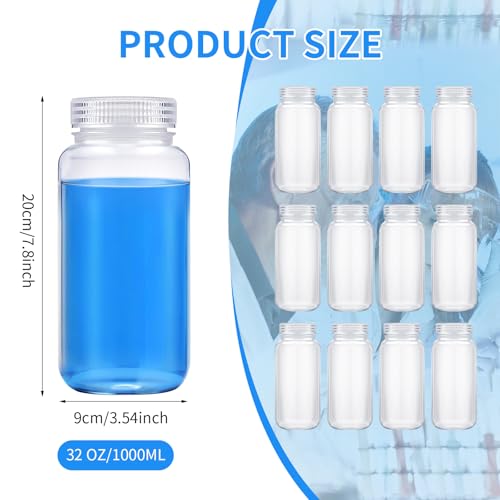 12 Pcs 32 oz 1000ml Polypropylene Wide Mouth Reagent Bottle with Screw Caps and Labels Plastic Sample Storage Containers for Laboratory, Classroom, Home