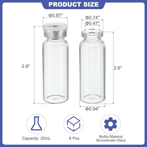 PATIKIL 20ml Sample Vials, 8 Pack Lab Empty Vials with Butyl Rubber Stopper and Crimp Top Caps Borosilicate Glass Vial, Transparent - color: Transparent, size: 20ml