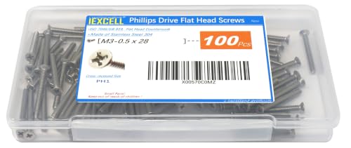 iexcell 100 Pcs M3 x 28mm Thread Pitch 0.5 mm Stainless Steel 304 Phillips Drive Flat Head Countersunk Screws Bolts, Bright Finish - size: M3 x 28mm