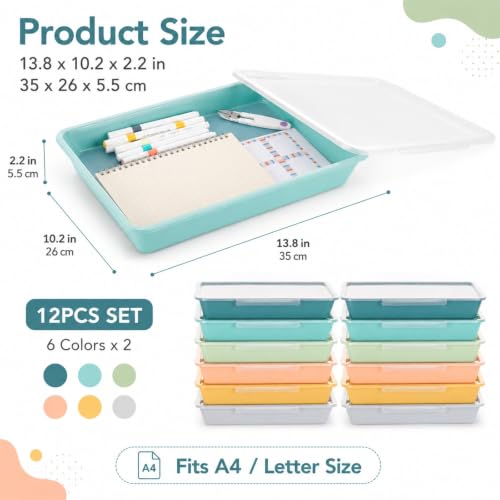 12 Pcs Letter Size Flat Storage Tray with Latching Lid (Morandi) - color: Morandi