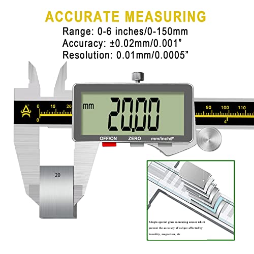 Digital Caliper,ACEMETER 0-6" Vernier Calipers Measuring Tool-Electronic Micrometer with Large LCD Screen,Metal Metric Measure Caliper for Engineer Carpenter,Auto-Off Feature,Inch/Fraction/Millimeter - size: 6 inch/150mm