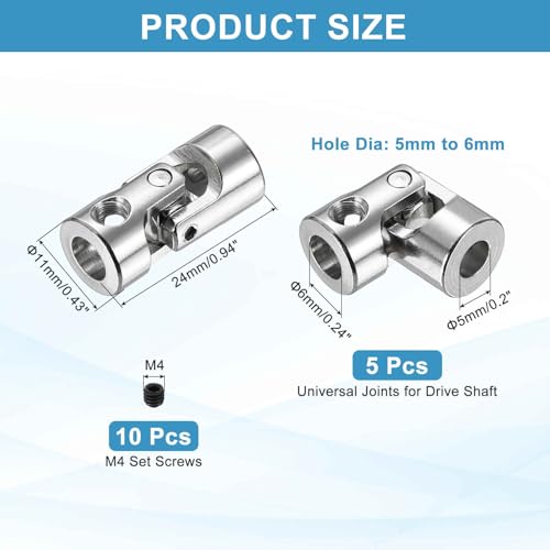 MECCANIXITY 5pcs Universal Joint Shaft Coupling, 5mm to 6mm Inner Dia Rotatable Steering Shaft U Joints Coupler with Screws for RC Car, Robot, Boat Drive Ship Motor Use - size: 5mm to 6mm