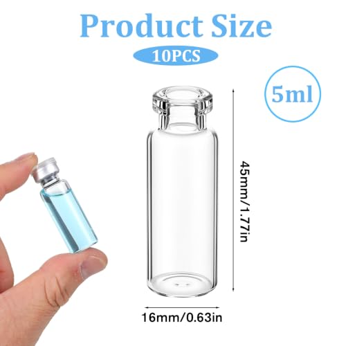 10 Pack 5ml Sealed Sample Vials, Empty Transparent Storage Glass Vials with Self-Healing Rubber Stopper Crimp Top Caps and Flip Top Cap