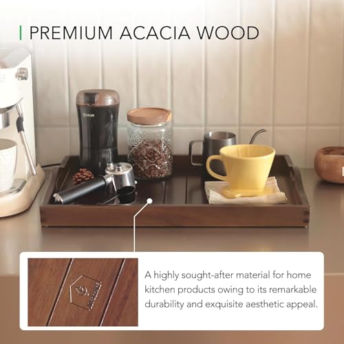 Joy&Grace Large Acacia Wooden Serving Tray with Handles 20 x 14 inch Decorative Coffee Table Ottoman Tray for Living Room Extra Large for Kitchen Dinner Food Bar Breakfast in Bed (Dark Brown) - color: Dark Brown