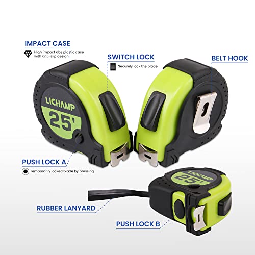 LICHAMP Tape Measure 25 ft, 6 Pack Bulk Easy Read Measuring Tape Retractable with Fractions 1/8, Multipack Measurement Tapes 25-Foot by 1-Inch, C6GN - color: Green