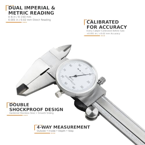 HFS 0-6 Inch Dial Caliper, 0.001 Inch Accuracy, 4-Way Measuring - size: 0-6" Carbon Steel